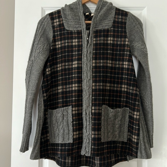 Anthro Moth Derry Plaid & Cable Knit Zip Front Hoodie Sweater/Jacket - Picture 5 of 14